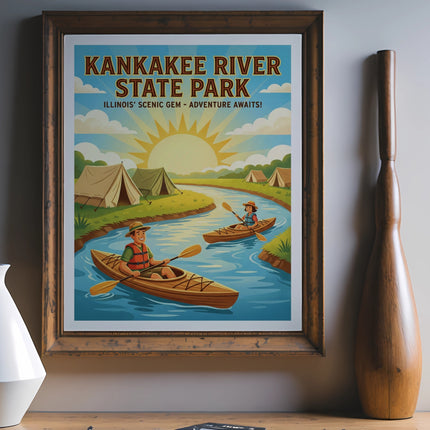 Kankakee River State Park poster with kayakers and tents under a sunny sky.