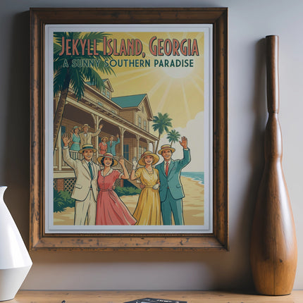 Vintage travel poster for Jekyll Island, Georgia, showing happy people on a porch.
