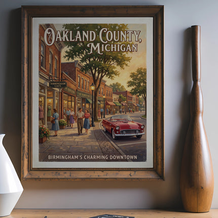 Oakland County, Michigan vintage poster depicts downtown Birmingham with people and a red car.