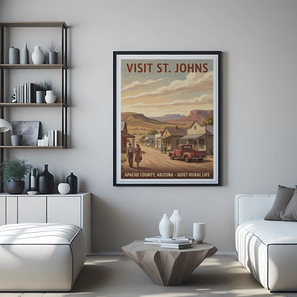 Vintage poster with text "Visit St. Johns Apache County, Arizona - Quiet Rural Life".