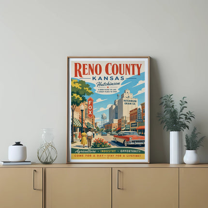 Vintage Reno County, Kansas poster with Hutchinson street scene, classic car, and text.