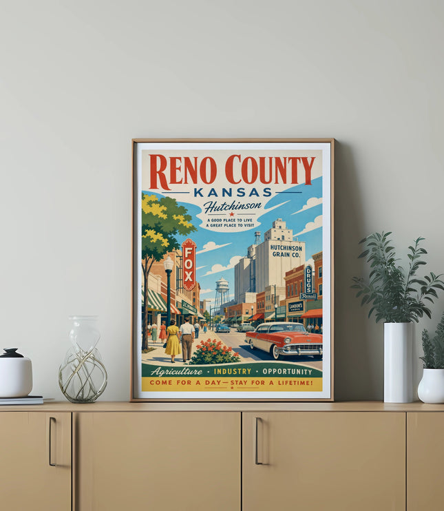 Vintage Reno County, Kansas poster with Hutchinson street scene, classic car, and text.