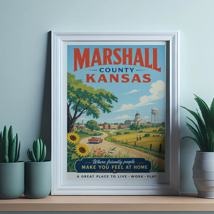 Marshall County, Kansas vintage travel poster featuring a rural scene and town.