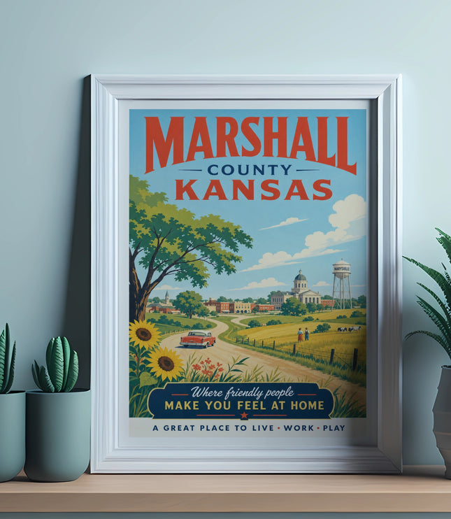 Marshall County, Kansas vintage travel poster featuring a rural scene and town.