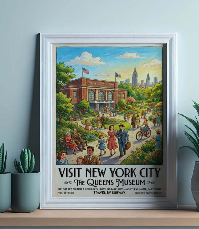 "Visit New York City" vintage poster for The Queens Museum featuring art deco style art.