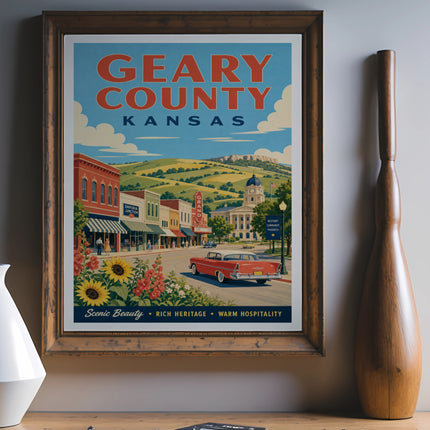Geary County, Kansas poster with vintage street scene, text: "Scenic Beauty Rich Heritage Warm Hospitality".