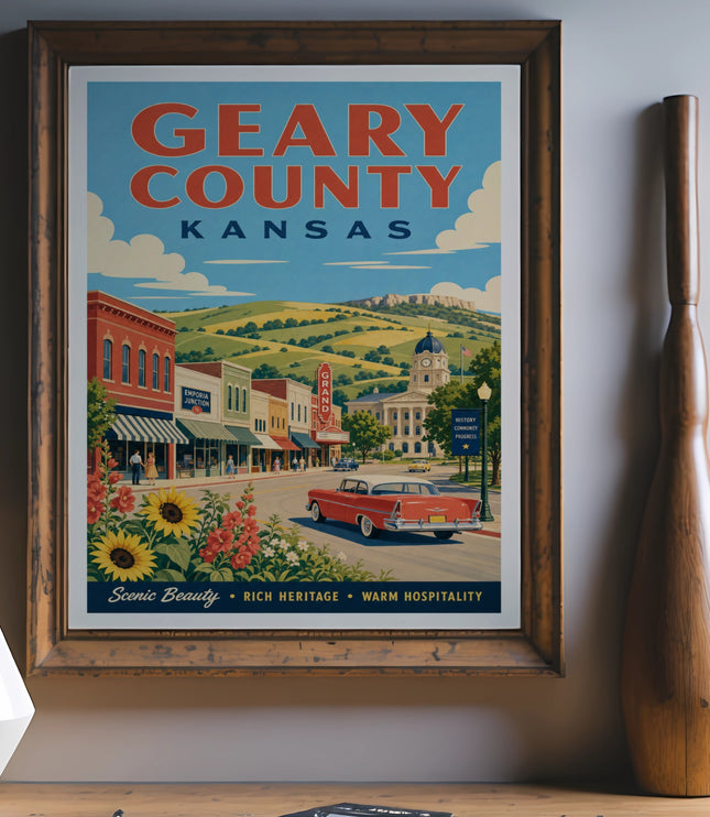 Geary County, Kansas poster with vintage street scene, text: "Scenic Beauty Rich Heritage Warm Hospitality".
