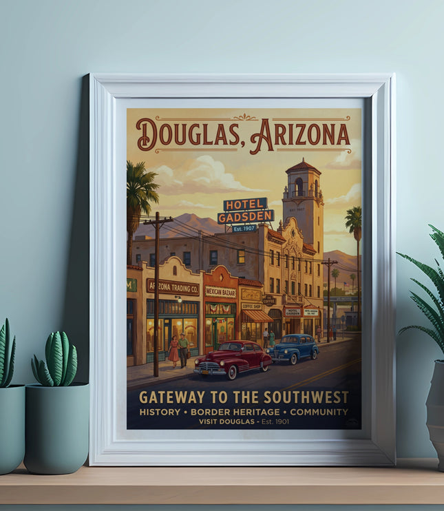 Douglas, Arizona poster showing Hotel Gadsden, vintage cars, and "Gateway to the Southwest."