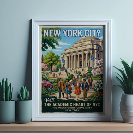 Framed poster of New York City's University Library with people in a park.