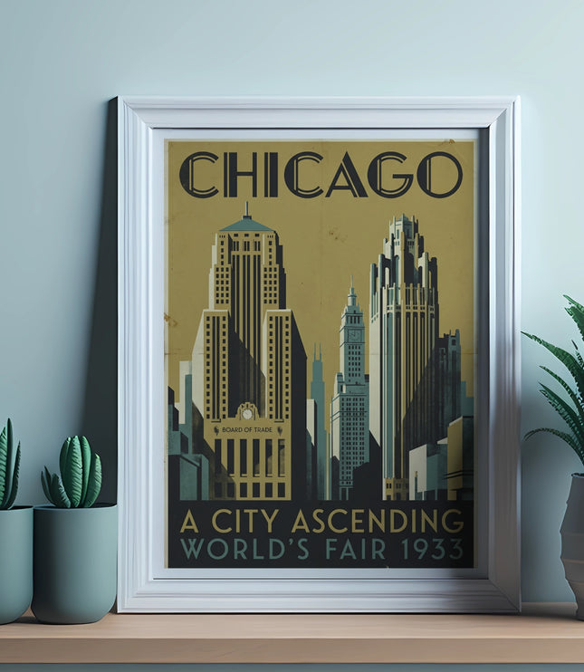 Art deco poster of Chicago skyscrapers; "Chicago A City Ascending World's Fair 1933".