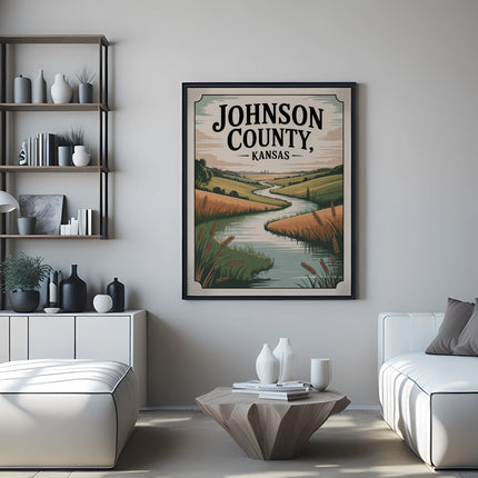 Johnson County, Kansas vintage travel poster featuring a winding river through a rural landscape.