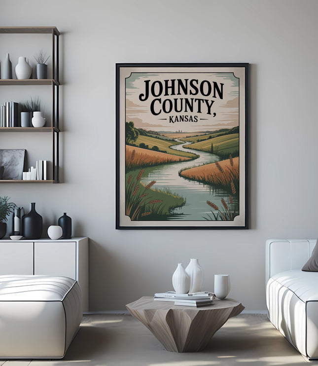 Johnson County, Kansas vintage travel poster featuring a winding river through a rural landscape.