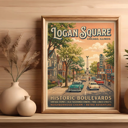 Logan Square Chicago illustration with vintage cars and historic buildings.