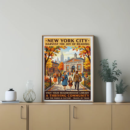 New York City Public Library poster, people walking past library building.