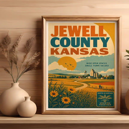 Jewell County Kansas poster with sunflowers, silos, and farm fields.