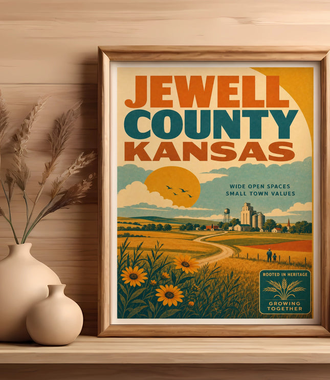 Jewell County Kansas poster with sunflowers, silos, and farm fields.