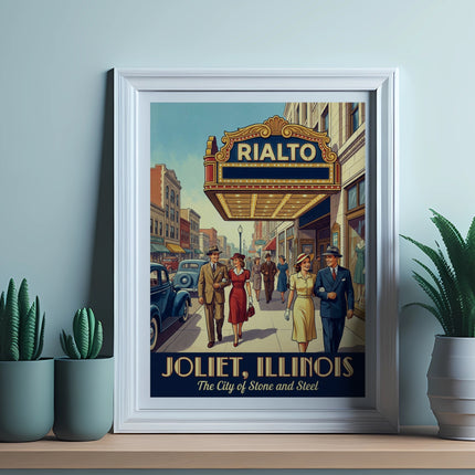 Vintage movie poster for the Rialto Theater, Joliet, Illinois, showing people walking.