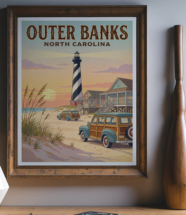 Vintage Outer Banks North Carolina poster featuring a lighthouse and beach houses.