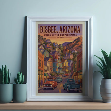 Poster shows Bisbee, Arizona Queen of the Copper Camps with colorful buildings and vintage trucks.