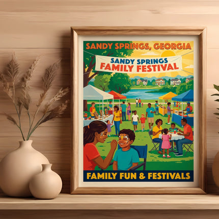 Sandy Springs Family Festival poster with people enjoying games and food under tents.