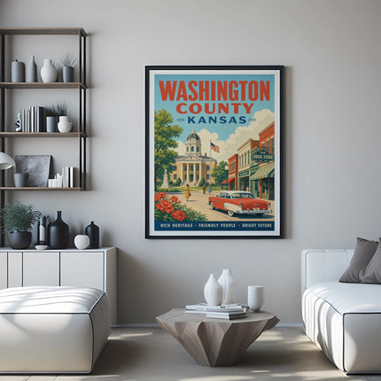Poster with Washington County, Kansas, vintage car, buildings, and text.