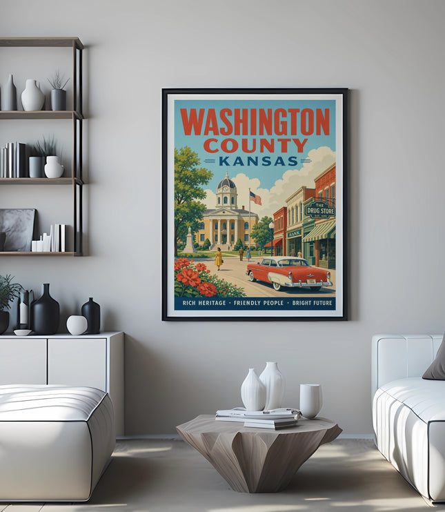 Poster with Washington County, Kansas, vintage car, buildings, and text.