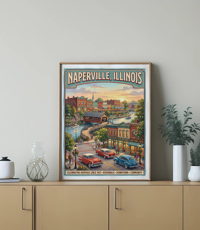 Naperville, Illinois vintage art with vintage cars and riverwalk at sunset.