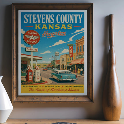 Vintage Stevens County, Kansas travel poster featuring Hugoton with cars and shops.