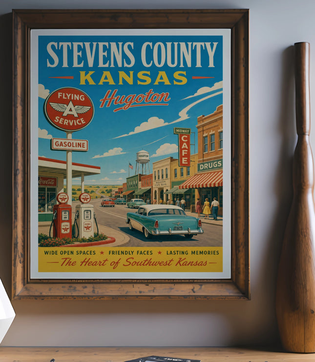 Vintage Stevens County, Kansas travel poster featuring Hugoton with cars and shops.