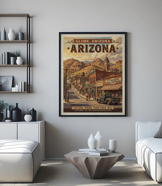 Vintage Arizona travel poster showing Globe, Arizona, a historic mining town.