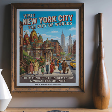 Vintage travel poster for New York City highlighting a Hindu Mandir and community.