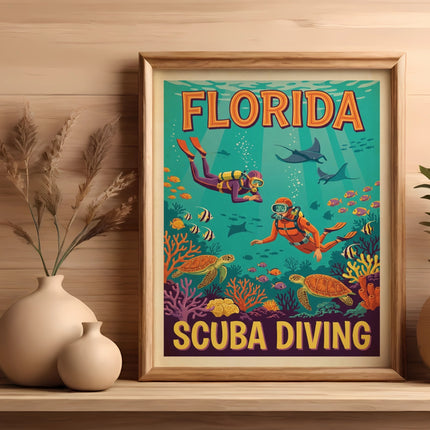 Framed "Florida Scuba Diving" poster with divers, sea turtles, manta rays, and fish.