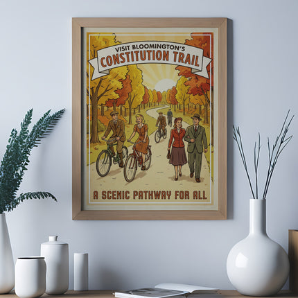 Framed poster of Constitution Trail in Bloomington with cyclists and walkers.