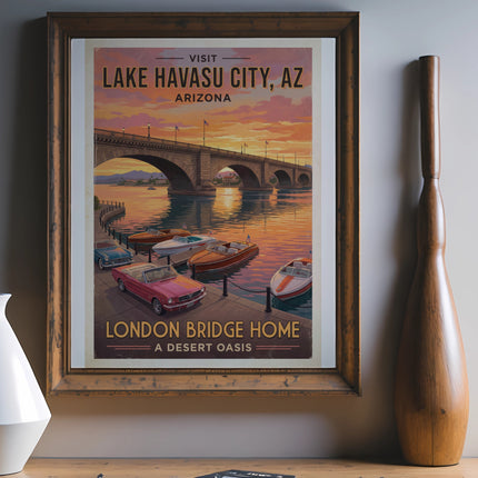 Vintage poster of London Bridge in Lake Havasu City, Arizona at sunset.
