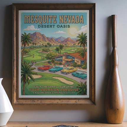 Vintage travel poster for Mesquite, Nevada, featuring golf, resorts, and sunshine.
