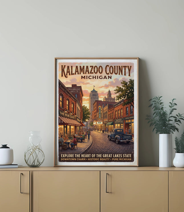 Kalamazoo County Michigan vintage travel poster showing downtown street at sunset.