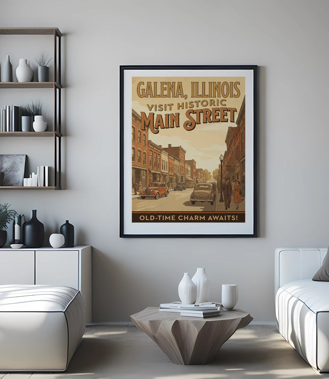 Framed vintage travel poster of Galena, Illinois Main Street.