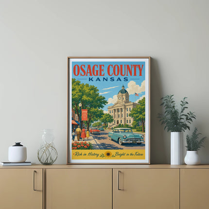 Osage County, Kansas poster featuring Lyndon courthouse, classic car, and text.