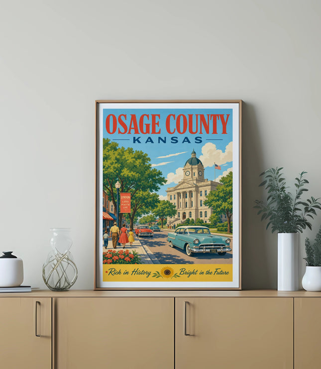 Osage County, Kansas poster featuring Lyndon courthouse, classic car, and text.