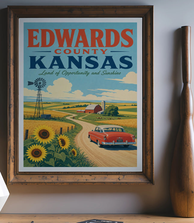 Vintage Edwards County Kansas travel poster with red car and sunflower field.