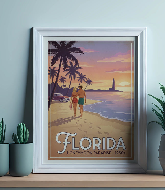 Florida Honeymoon Paradise 1950s art print with couple on beach sunset lighthouse