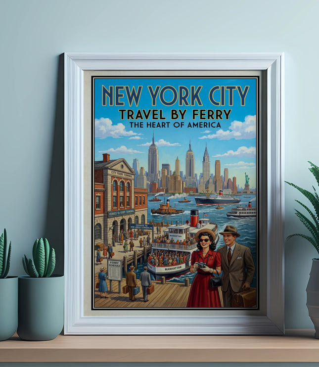 Vintage New York City travel poster featuring skyline and ferry terminal with text.
