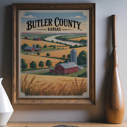 Vintage "Butler County, Kansas" landscape art with farms and wheat fields.