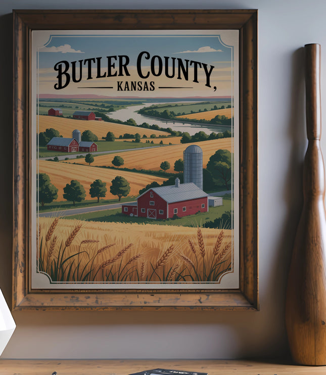Vintage "Butler County, Kansas" landscape art with farms and wheat fields.