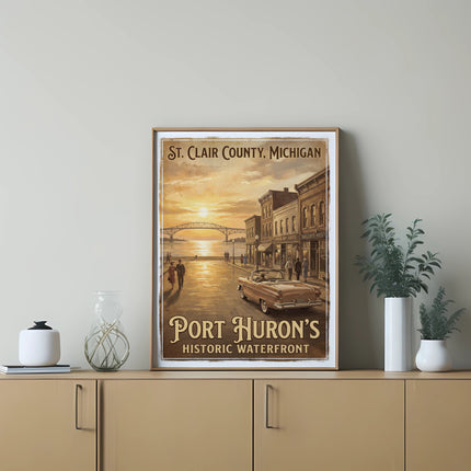Poster titled "Port Huron's Historic Waterfront" showing a vintage car and bridge at sunset.