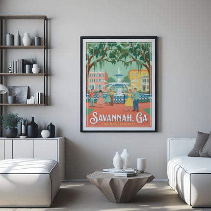 Vintage poster of Savannah, Georgia with people in a park by a fountain.