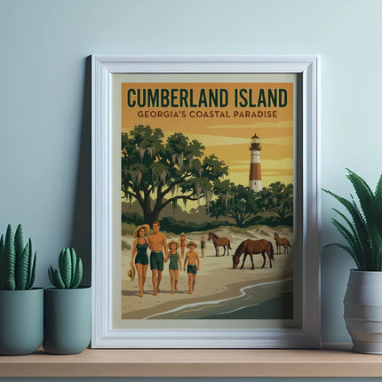 Cumberland Island Georgia's Coastal Paradise framed artwork with lighthouse and family.