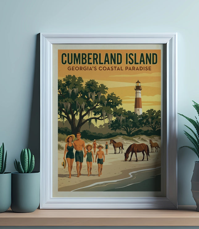 Cumberland Island Georgia's Coastal Paradise framed artwork with lighthouse and family.