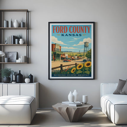 Ford County, Kansas vintage travel poster with sunflowers and Dodge City landmarks.