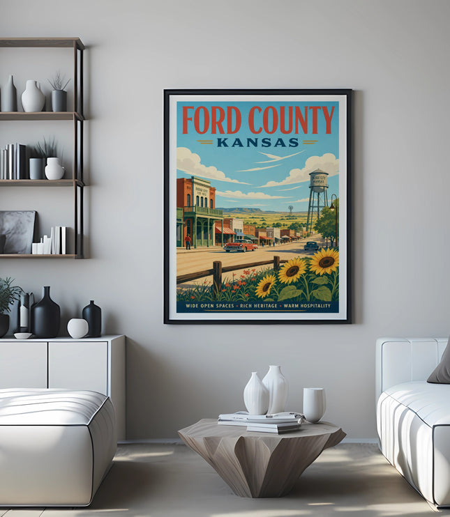 Ford County, Kansas vintage travel poster with sunflowers and Dodge City landmarks.